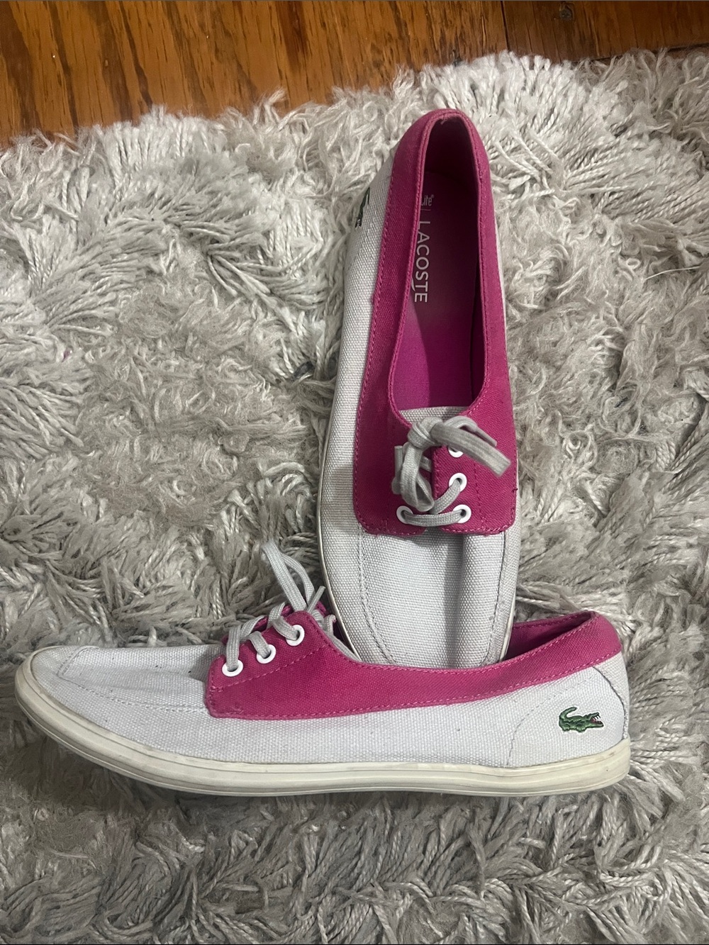 Lacoste Women's Grey Canvas Boat Sneaker Shoe with Pink Trim